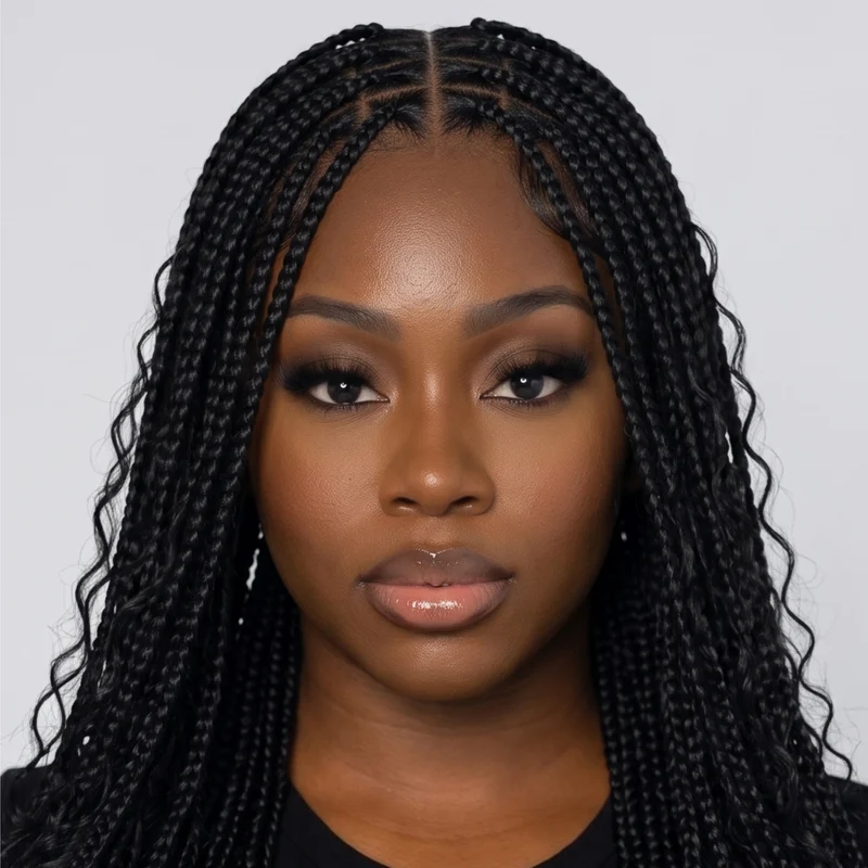 Hair reference with long, centre-parted box braids.