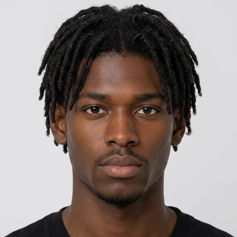 Hair reference with short, centre-parted locs.