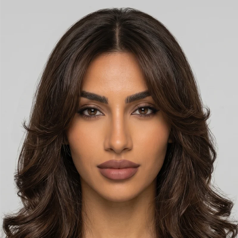 Hair reference with long, layered waves.