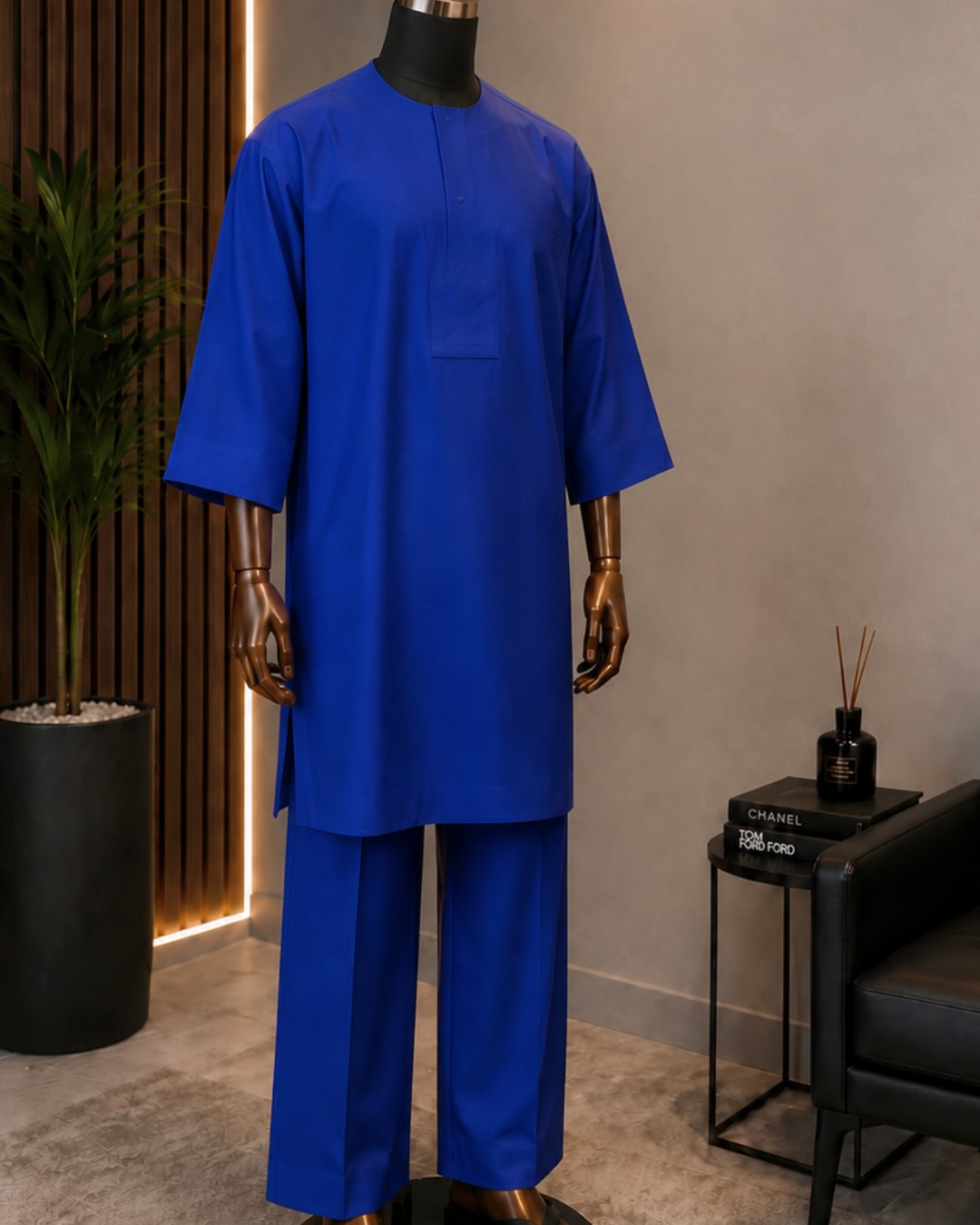 Cobalt blue kaftan set photographed on a mannequin